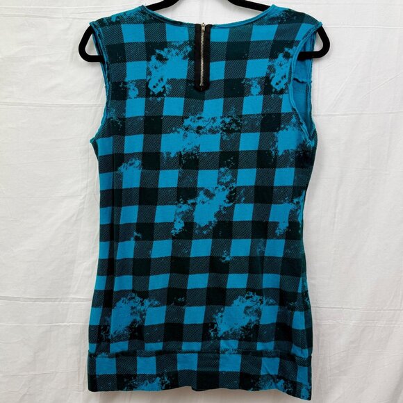 Scoop Neck 1/4 Zip Back Tank Women XL Blue Black Plaid Thread - Picture 2 of 6